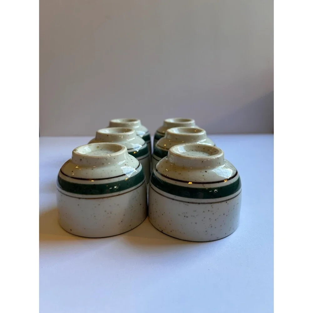 Vintage Stoneware Teapot & 6 Cups, Speckled Ceramic Tea Set, Green Stripe